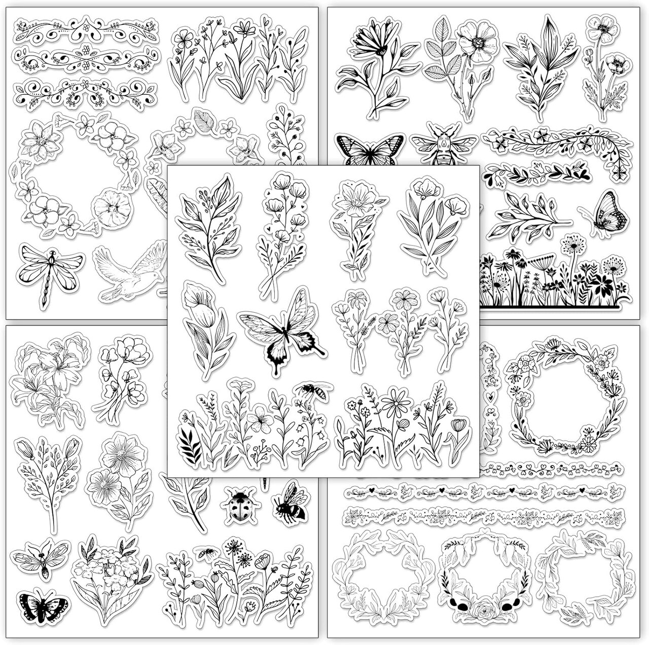 5 Sheets Wildflower Clear Stamps Floral Leaves Butterfly Silicone Transparent Stamps for DIY Craft Card Making Scrapbooking Embossing Album Decor